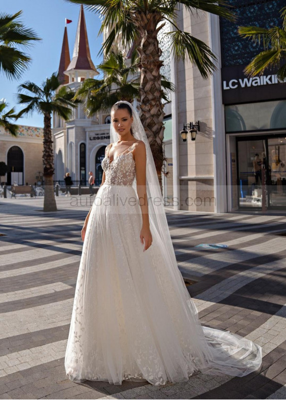 Beaded Ivory Tulle Lace V Back Boho Wedding Dress